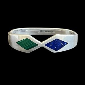 Vintage Taxco sterling silver malachite and lapis Heavy hinged bangle bracelet